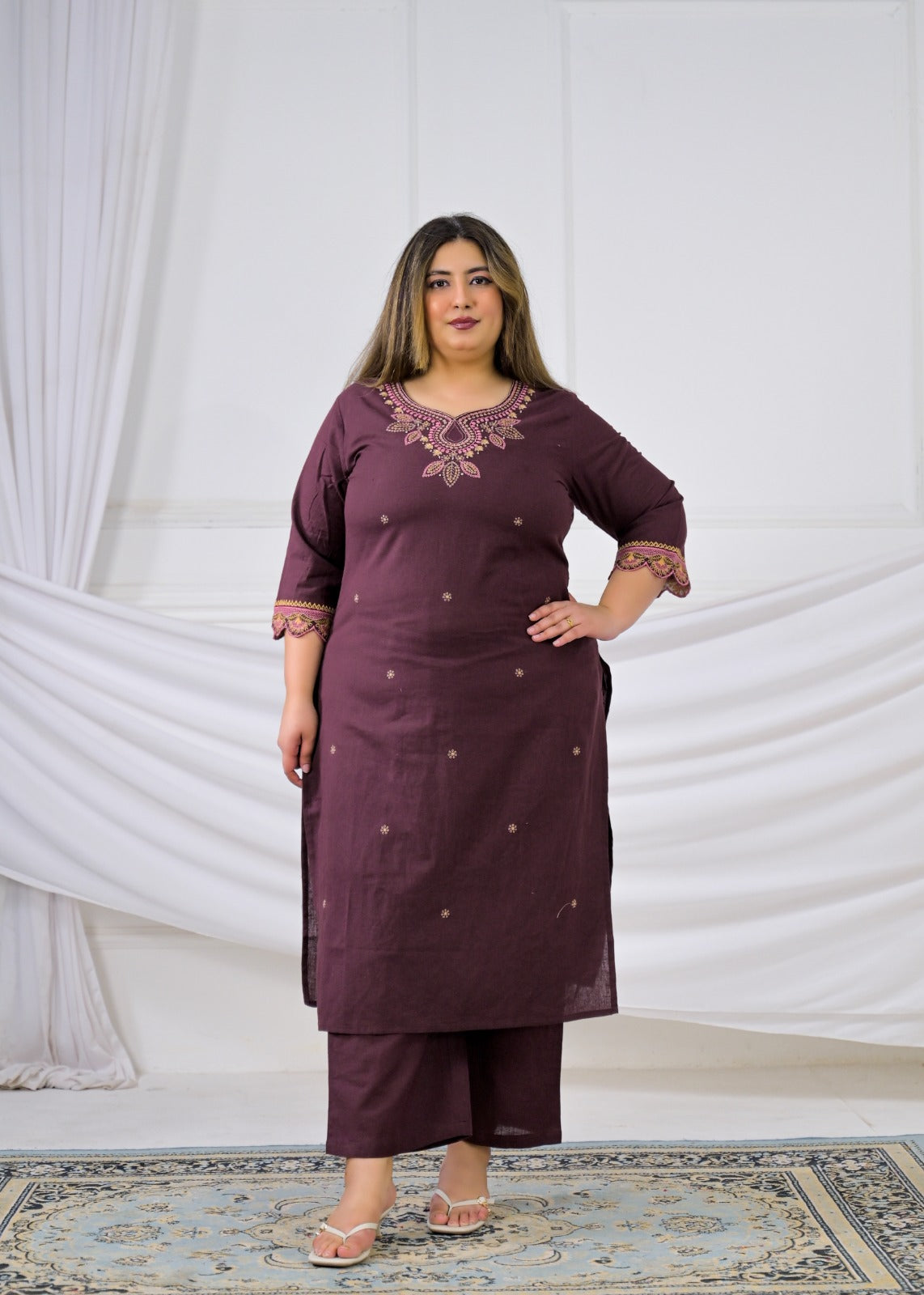 Embroidered Cotton Flex Sweetheart Neck Kurta & Pant Set