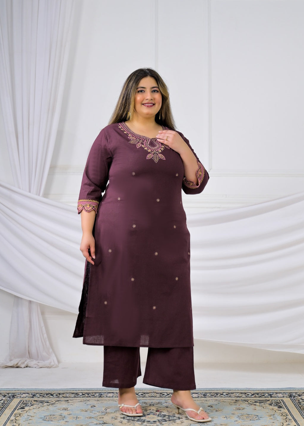 Embroidered Cotton Flex Sweetheart Neck Kurta & Pant Set