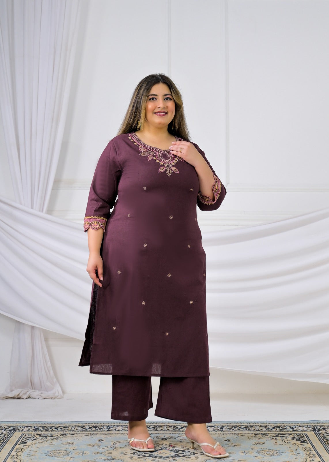 Embroidered Cotton Flex Sweetheart Neck Kurta & Pant Set