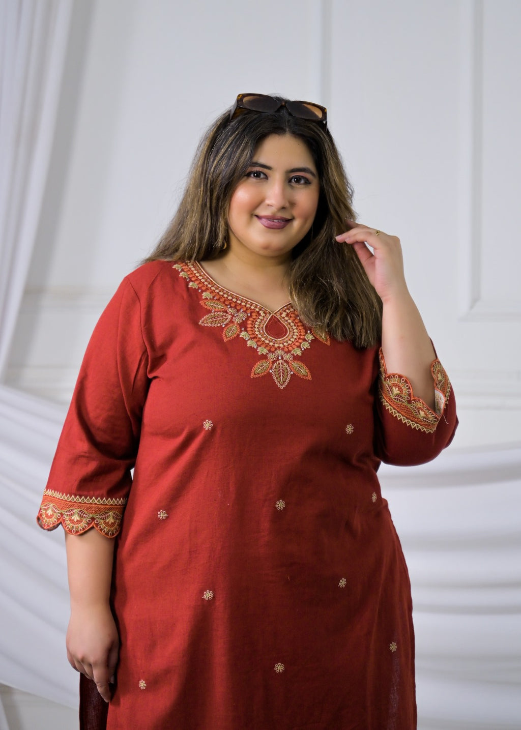 Embroidered Cotton Flex Sweetheart Neck Kurta & Pant Set