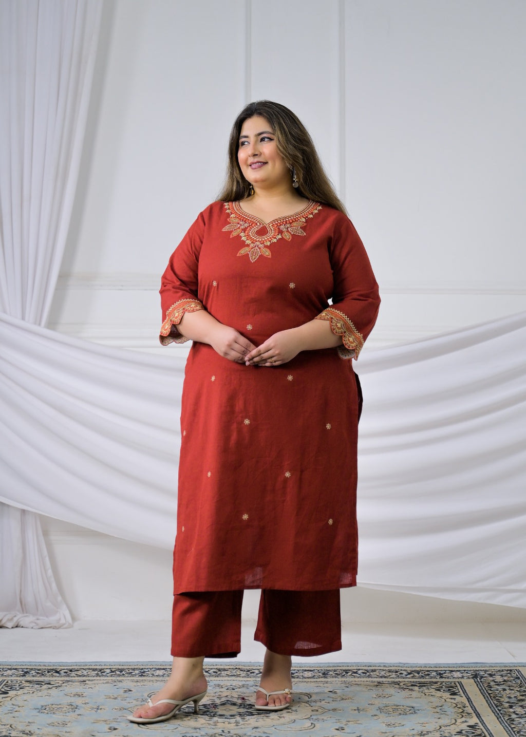 Embroidered Cotton Flex Sweetheart Neck Kurta & Pant Set