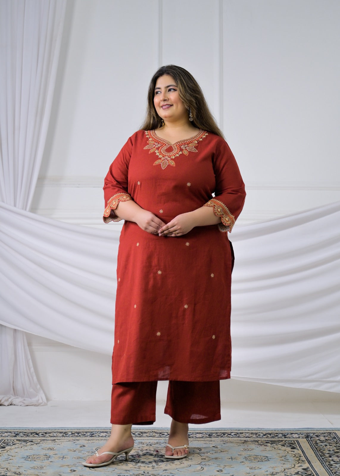 Embroidered Cotton Flex Sweetheart Neck Kurta & Pant Set