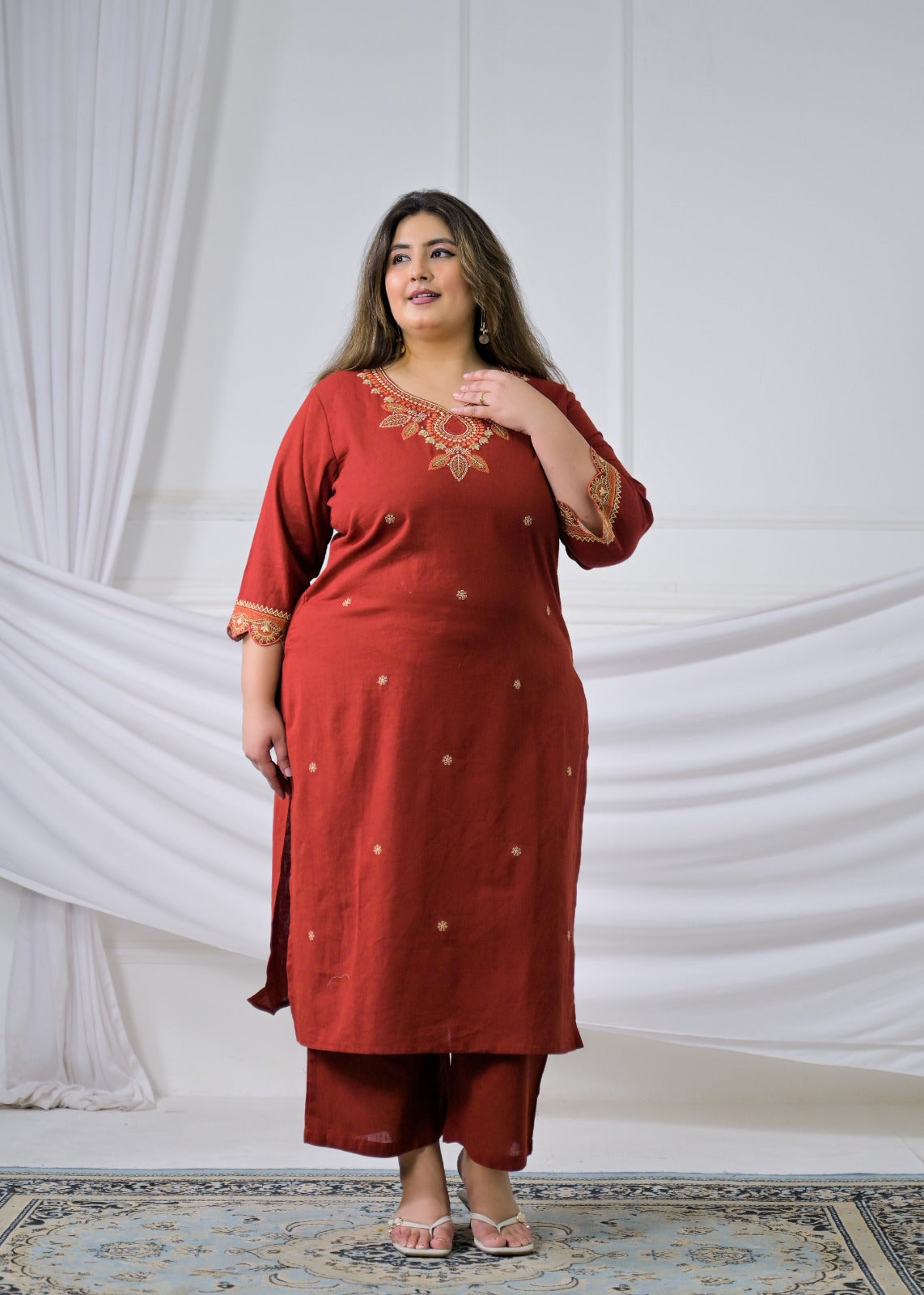 Embroidered Cotton Flex Sweetheart Neck Kurta & Pant Set