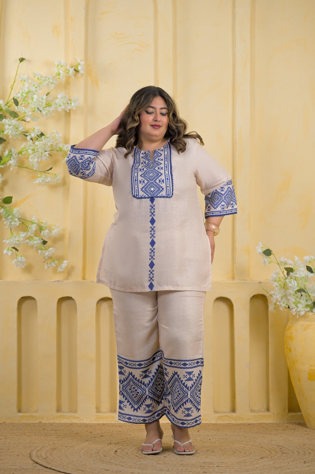 2-Piece Embroidered Cotton Tunic & Palazzo Co-Ord Set