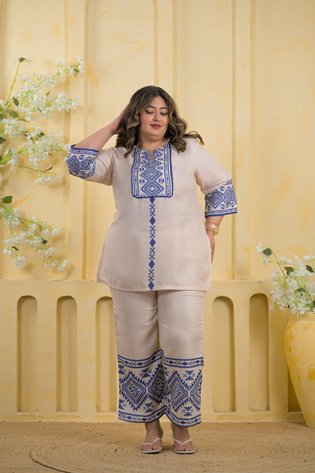 2-Piece Embroidered Cotton Tunic & Palazzo Co-Ord Set