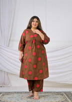 2-Piece Polka Dot Printed V-Neck Kurta and Pant Set