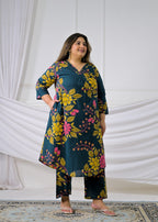2-Piece Floral Printed High-Low Kurta and Pant Set with Pockets