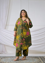 2-Piece Floral Printed High-Low Kurta and Pant Set with Pockets