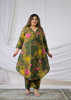2-Piece Floral Printed High-Low Kurta and Pant Set with Pockets