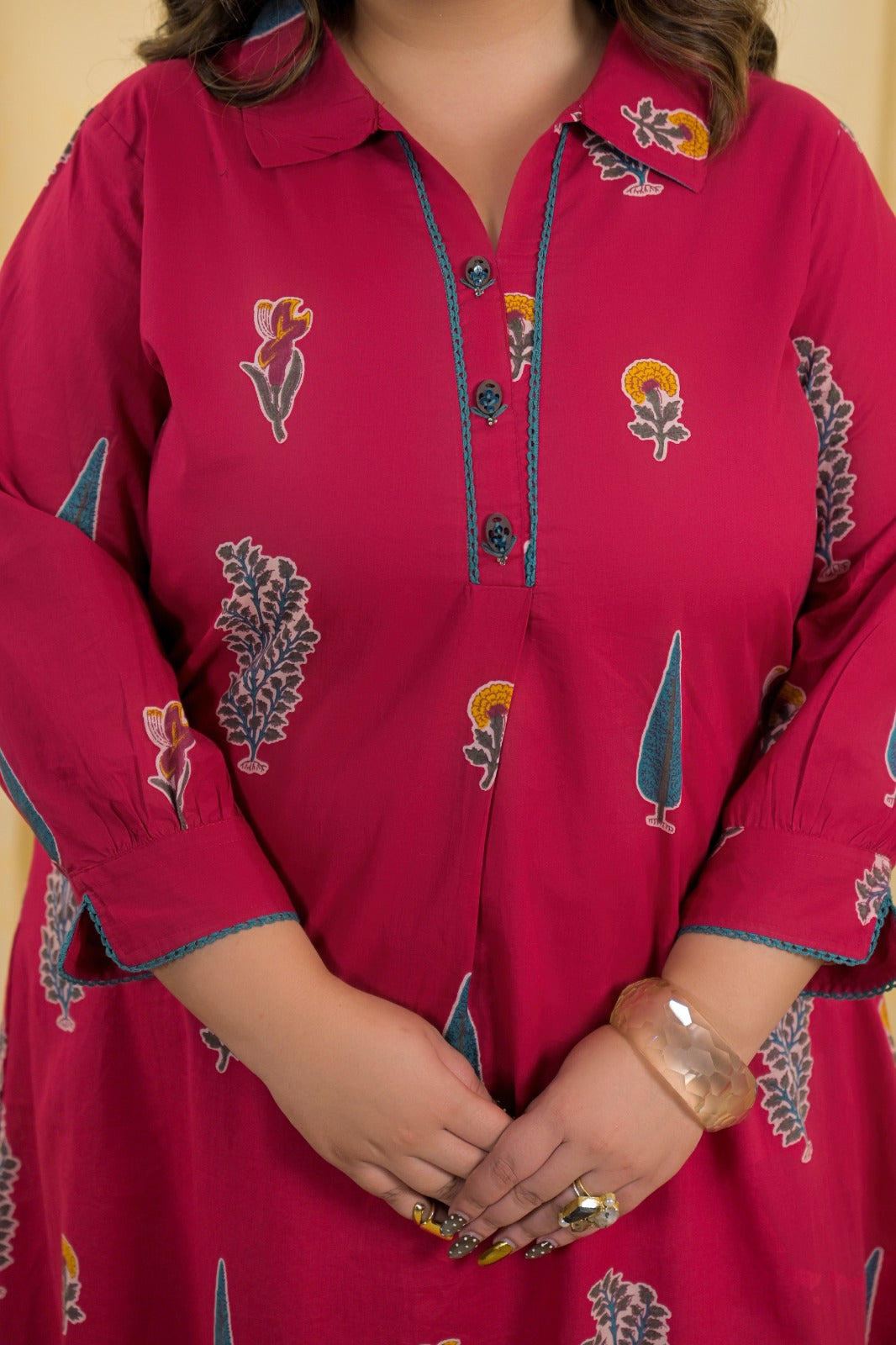 2-Piece Block Printed Collared Tunic and Wide Leg Pant Set