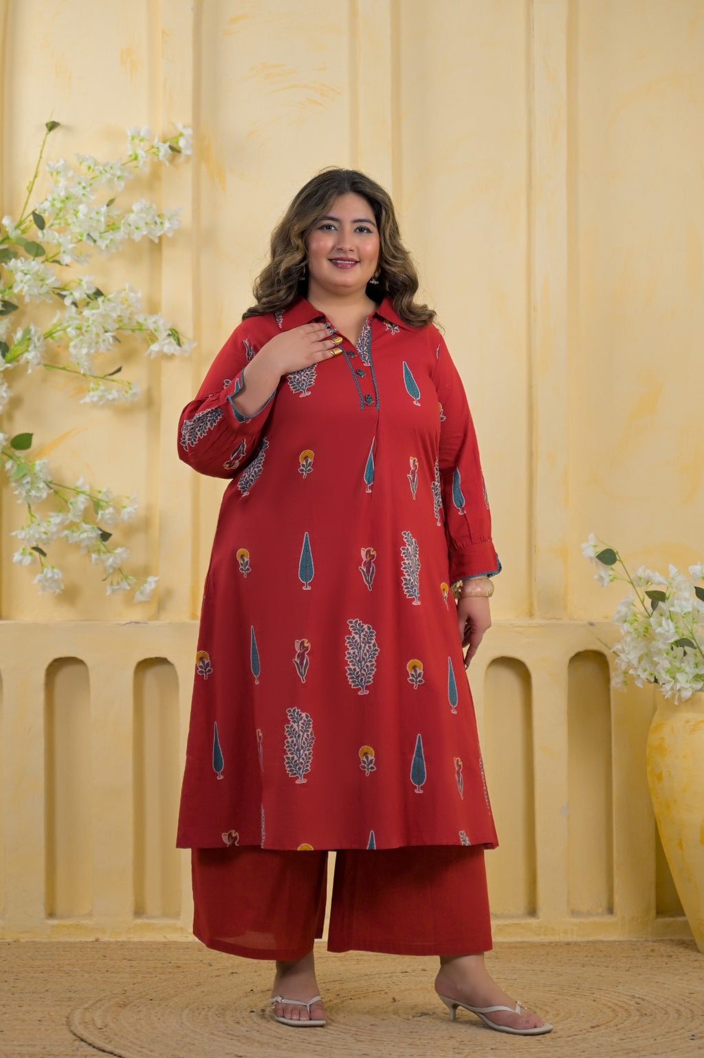 2-Piece Block Printed Collared Tunic and Wide Leg Pant Set