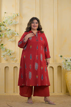 2-Piece Block Printed Collared Tunic and Wide Leg Pant Set