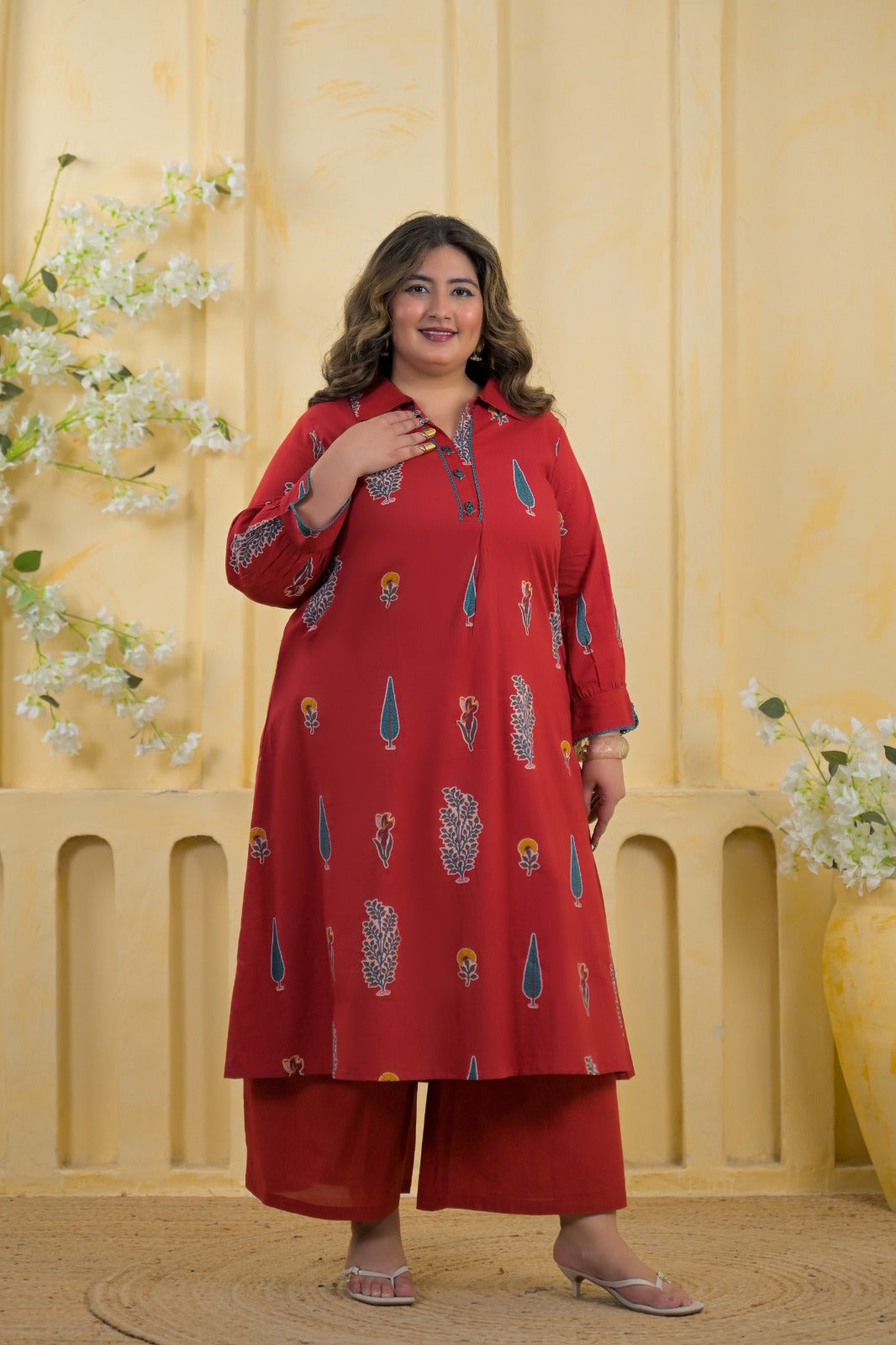 2-Piece Block Printed Collared Tunic and Wide Leg Pant Set