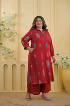 2-Piece Block Printed Collared Tunic and Wide Leg Pant Set