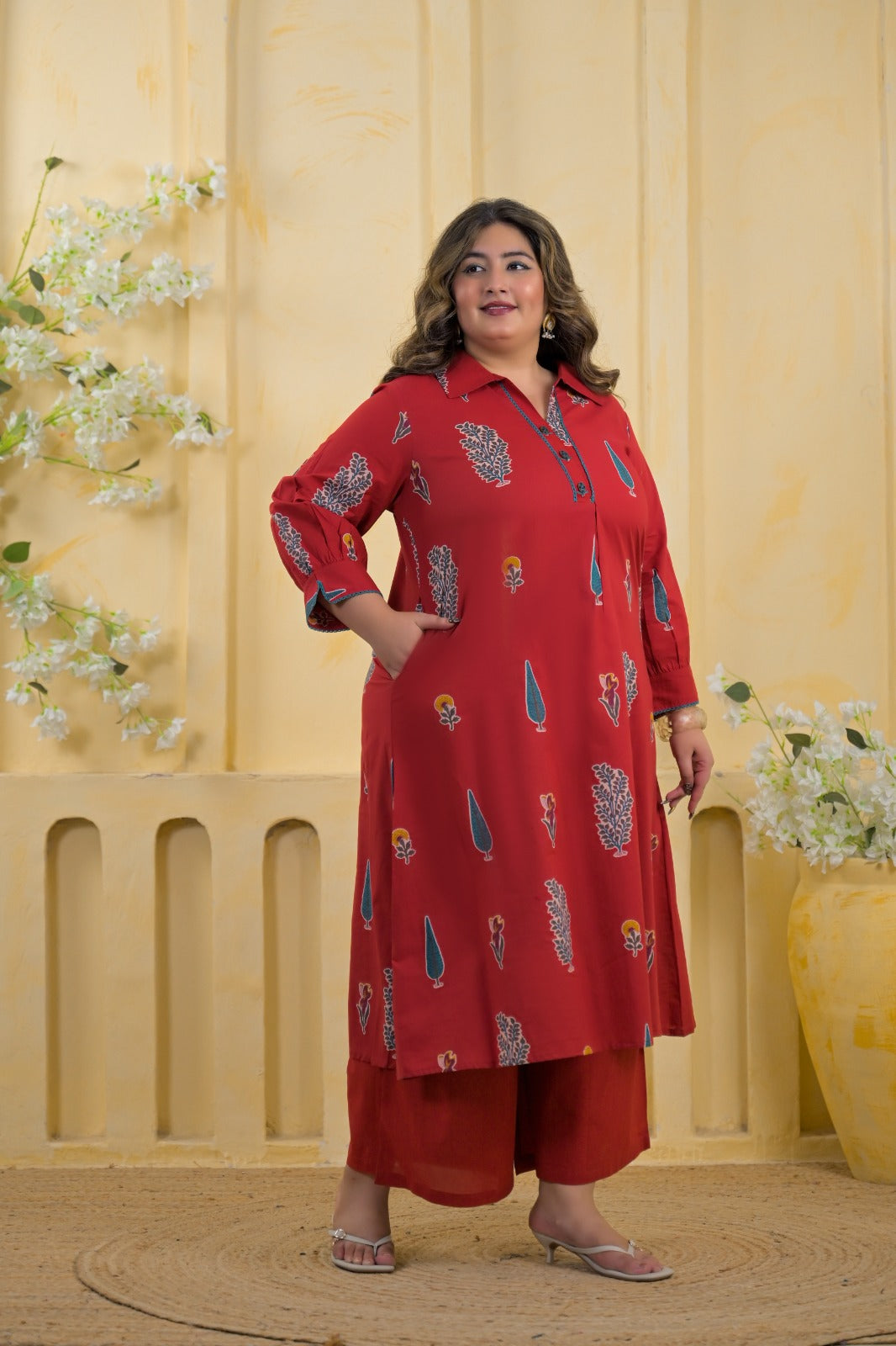 2-Piece Block Printed Collared Tunic and Wide Leg Pant Set