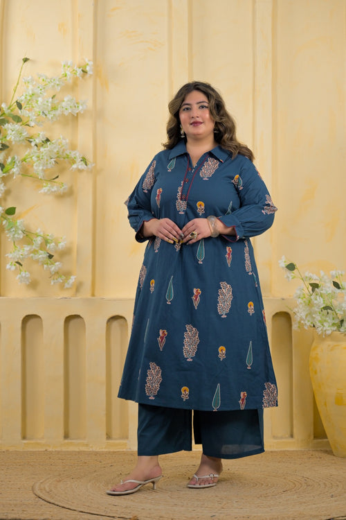 2-Piece Block Printed Collared Tunic and Wide Leg Pant Set