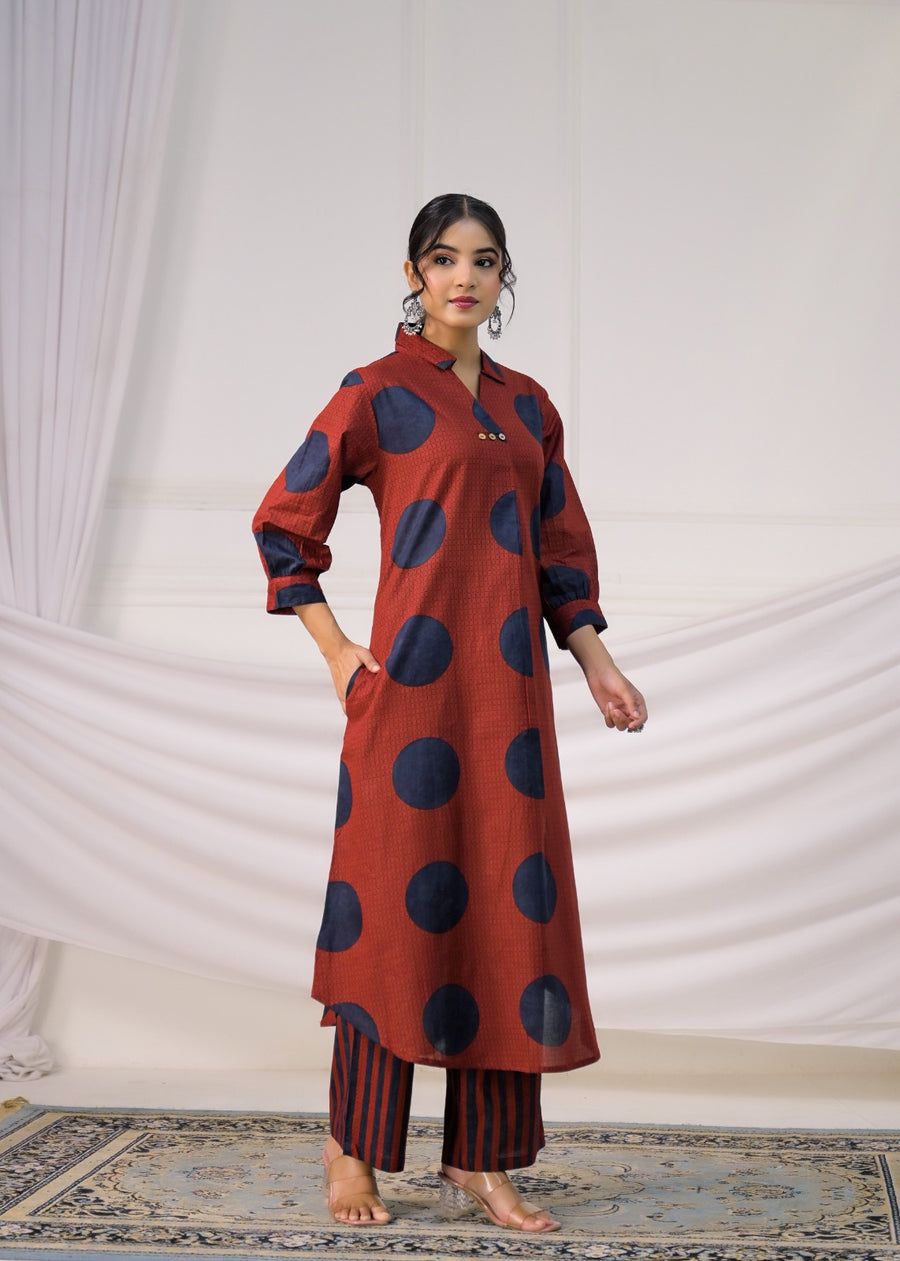 Women Polka Dot Collar Neck A-Line Kurta with Striped Pant Set