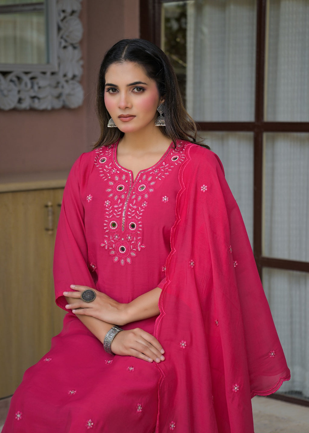 Mirror Embroidered Straight Kurta Suit Set