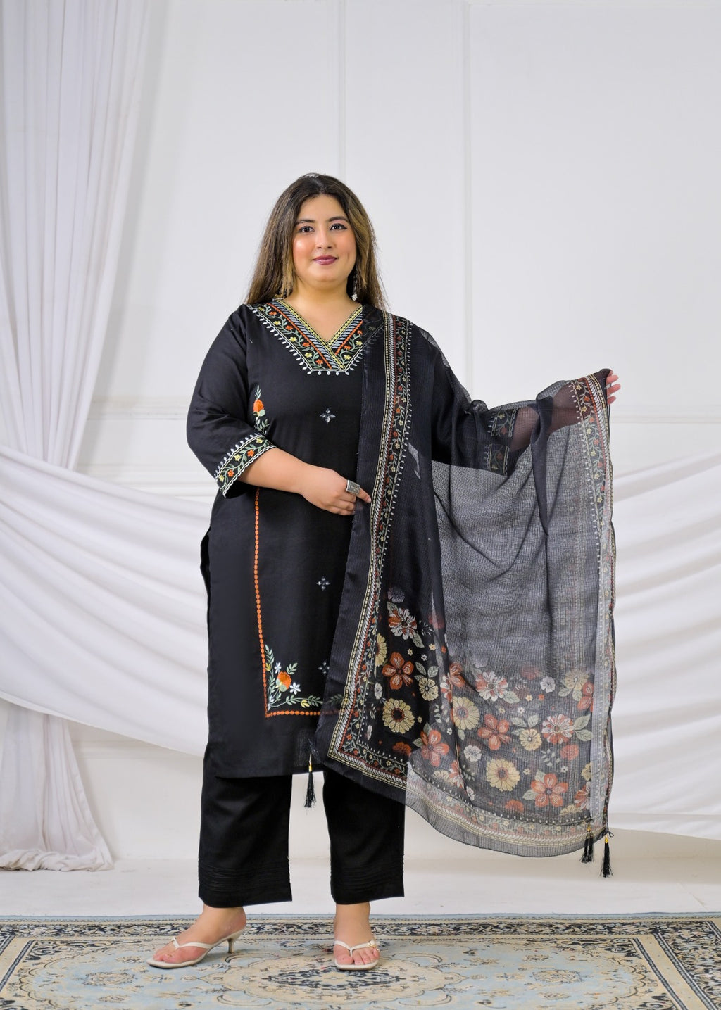 Embroidered Straight Kurta Pant Set with Dupatta