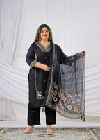 Embroidered Straight Kurta Pant Set with Dupatta