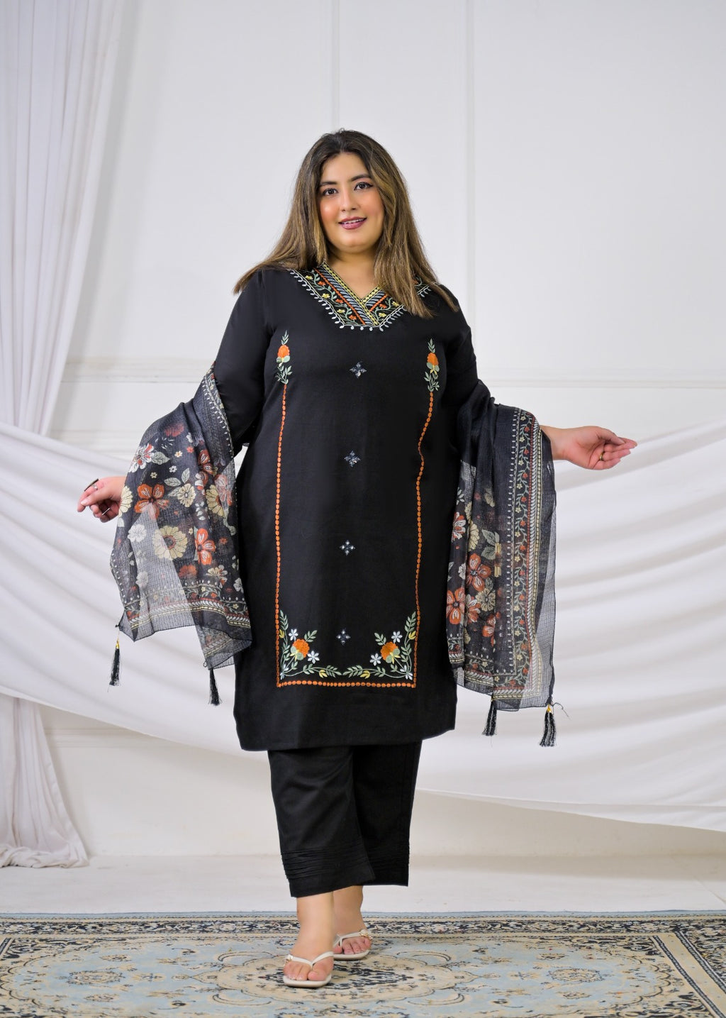 Embroidered Straight Kurta Pant Set with Dupatta