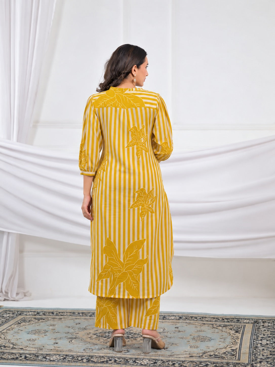 Striped Floral Motif 2 Piece Kurta Set