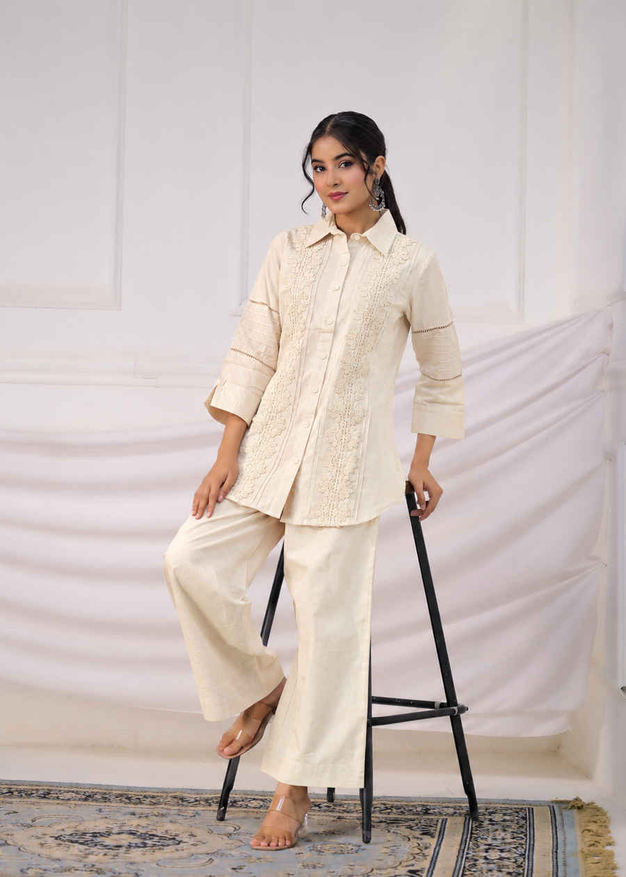 Solid Embroidered Shirt-Style Co-ord Set